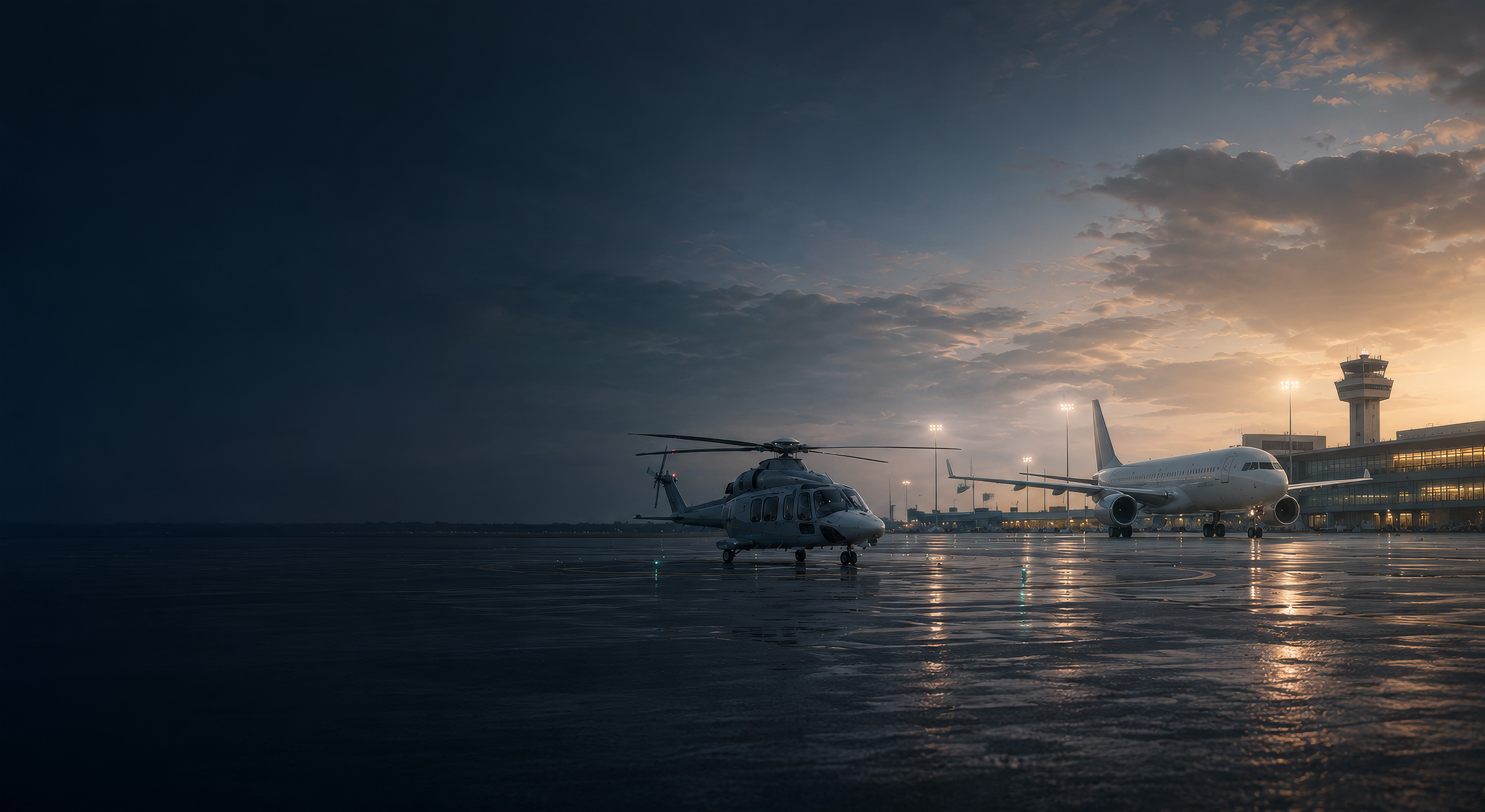 Helicopter and aeroplane on the apron at dusk